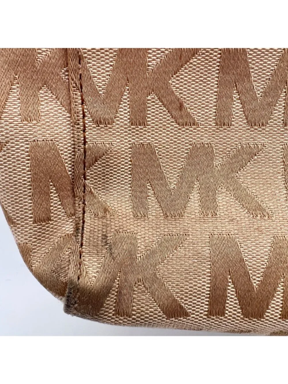 Michael Kors MK Logo Canvas Tote Bag Adjustable Leather Straps Beige Brown Gold